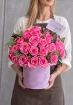 Beautiful Pink rose box arrangement with greenery - front view