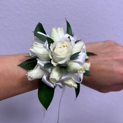 Corsage White Ribbon White Roses - ART Flowers LA