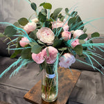 Peonies and Blue Feathers in a vase - ART Flowers LA
