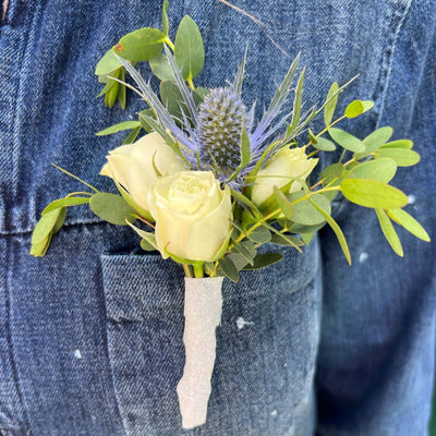 White and Blue Boutonniere - ART Flowers LA