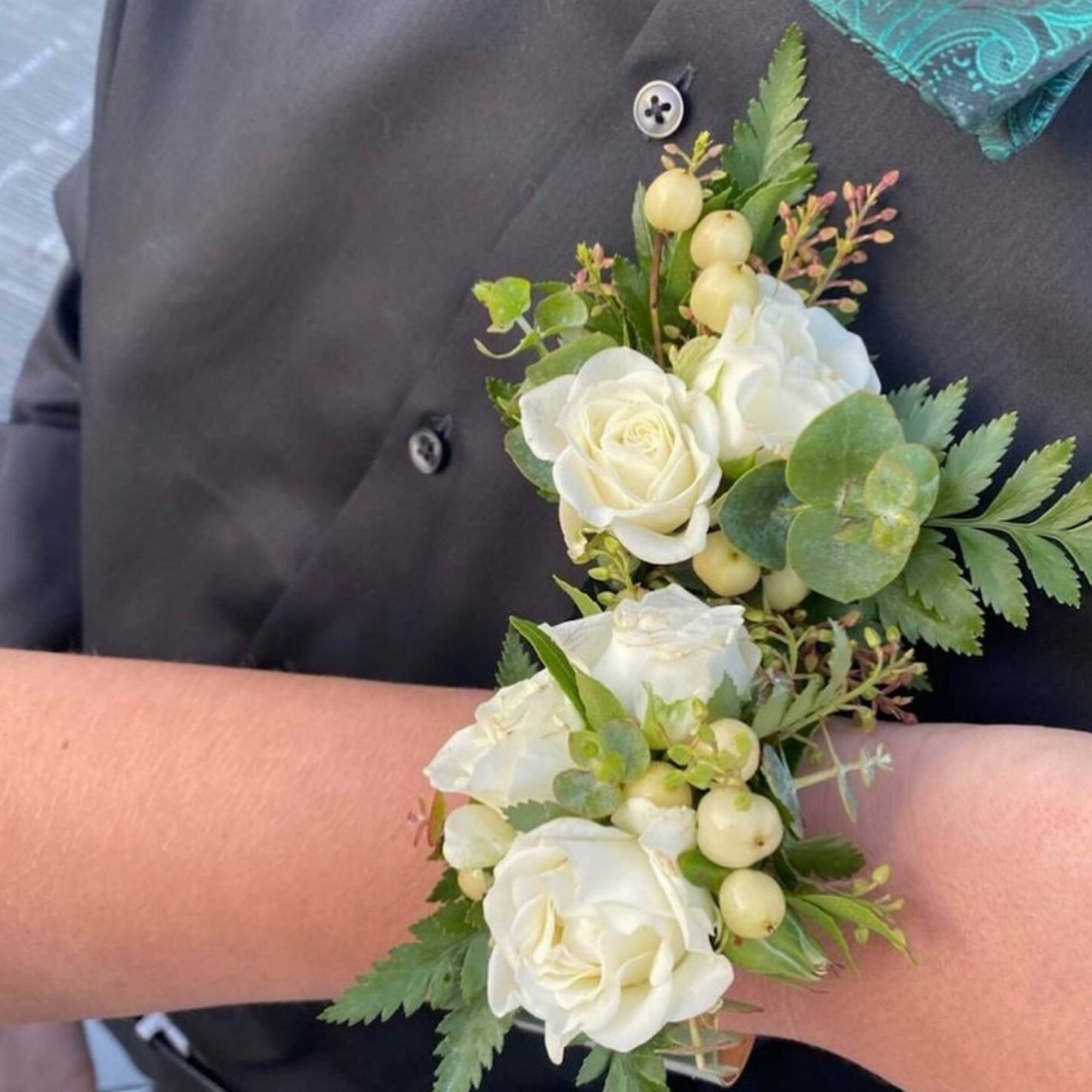 White and Green Corsage & Boutonniere | Elegant Floral Arrangements in Los Angeles White and Green Corsage & Boutonniere | Elegant Floral Arrangements in Los Angeles
