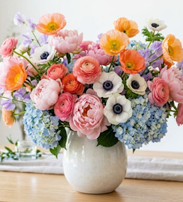 Mixed arrangement of peonies, ranunculus, anemones and hydrangeas