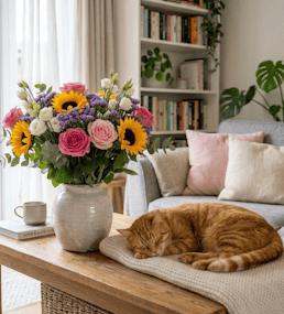 Cat resting beside a vase of roses and sunflowers