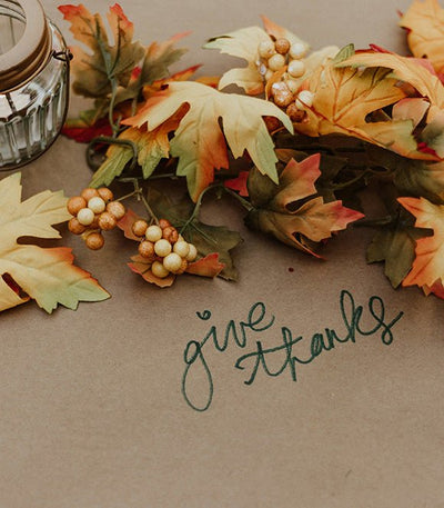 Autumn leaves and berries around a Give Thanks message