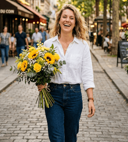 Woman holding a sunflower bouquet