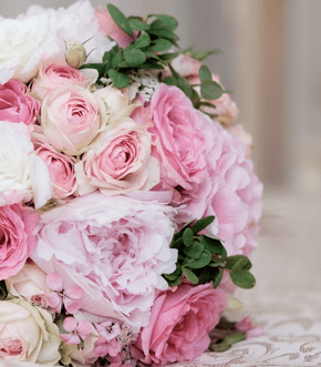 Pink rose and peony wedding bouquet