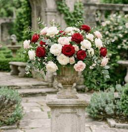 Red and white roses in a garden urn