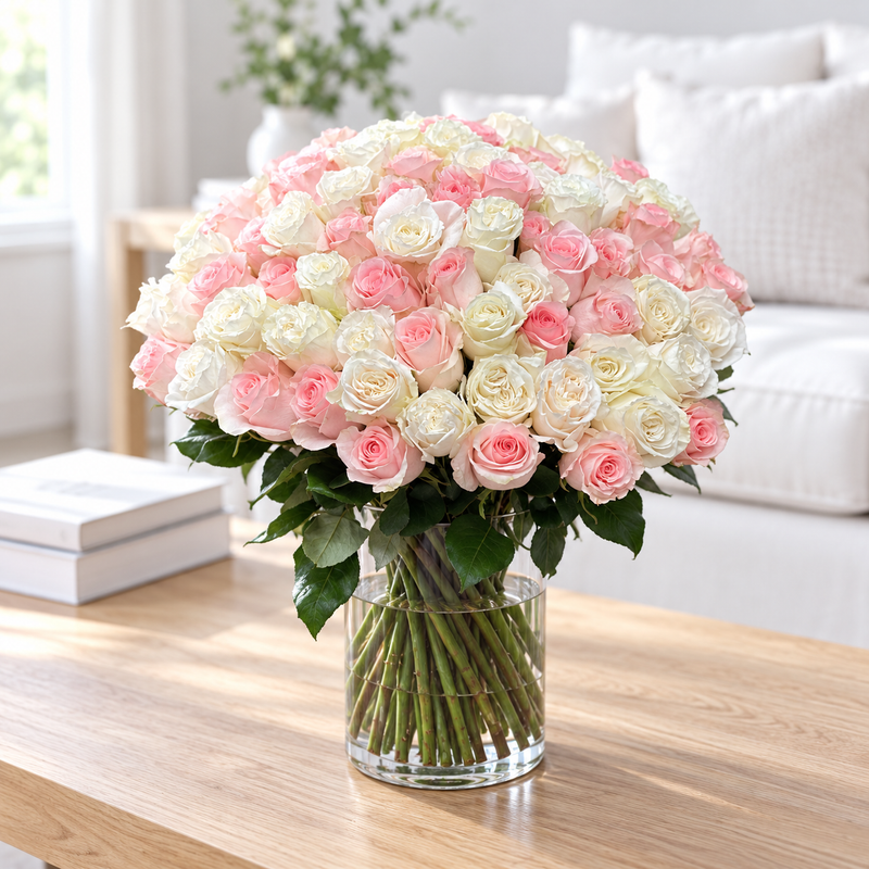Pink and white rose arrangement with 75 stems in a clear glass vase