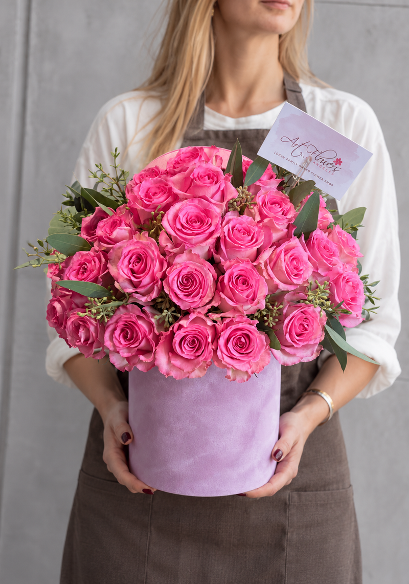 Beautiful Pink rose box arrangement with greenery - front view