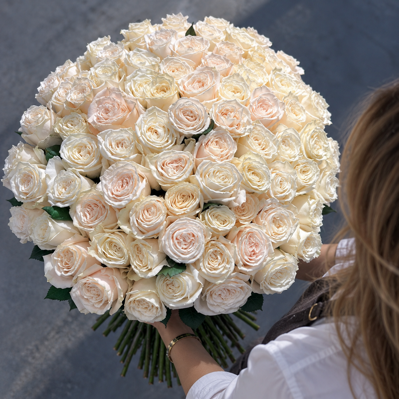 75 white roses in a round bouquet, viewed from above