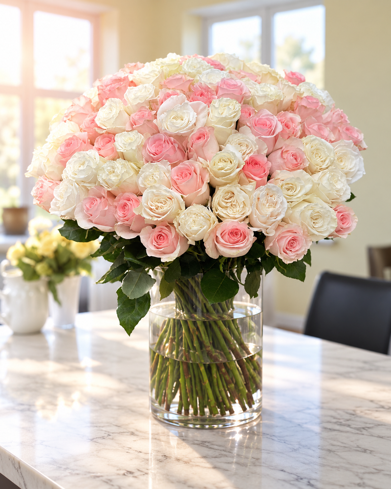 75 white and pink roses in a glass vase with green foliage