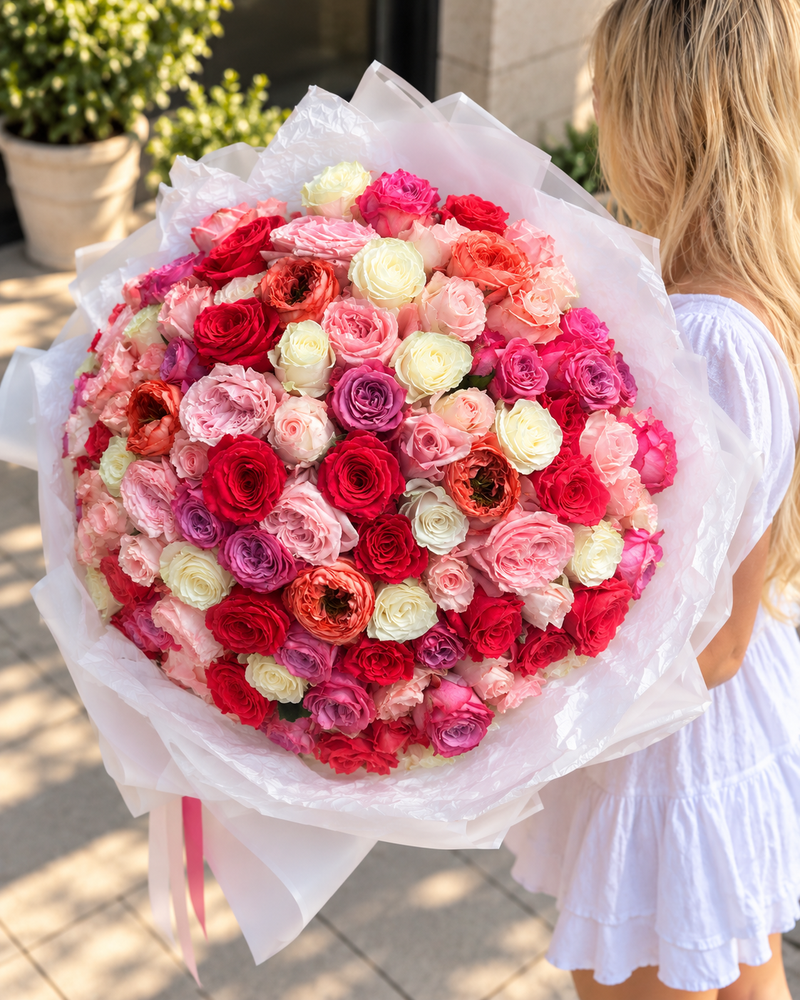 Bouquet - 150 Colorful Roses - Pink, White, Purple, Same Day Delivery