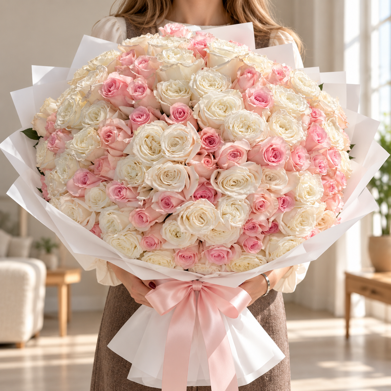 Bouquet of 150 white and pink roses in white wrapping with a pink ribbon