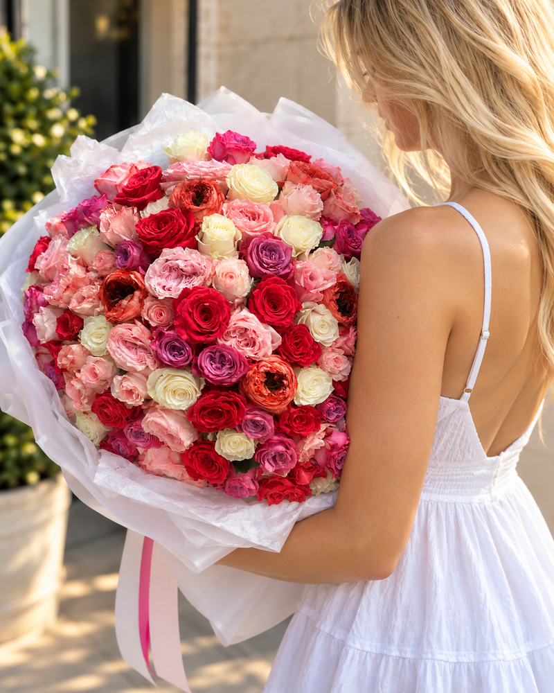 Bouquet - 150 Colorful Roses - Pink, White, Purple, Same Day Delivery