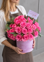 Pink roses in a lilac hat box - Beautiful Pink arrangement, angled view