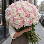 Large bouquet of 150 light pink and white roses with long stems