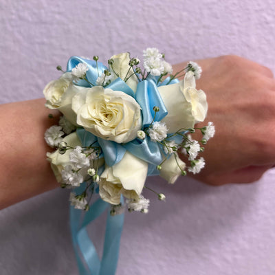 Corsage Blue Ribbon White Roses - ART Flowers LA