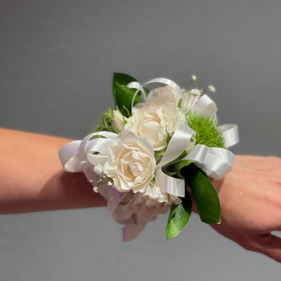 White Roses, Greens and White Ribbon - ART Flowers LA